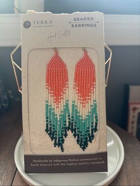Terra Beaded Fringe Earrings in Coral, Cream & Teal